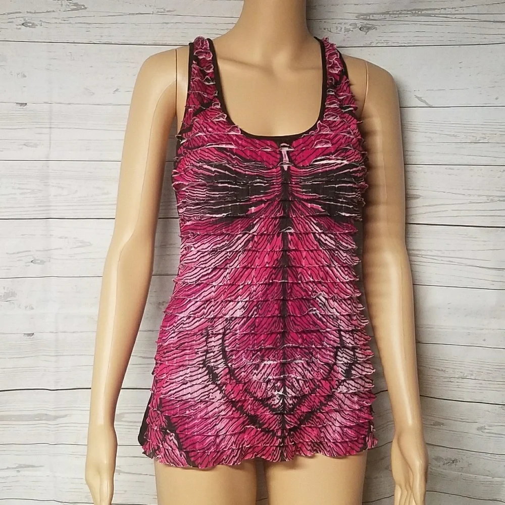 HOT TEMPERED Colorful Abstract Ruffle Down Summer Racerback - Picture 2 of 9